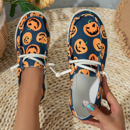 Spooktacular Style: Women's Pumpkin Print Canvas Shoes for a Festive Halloween Look