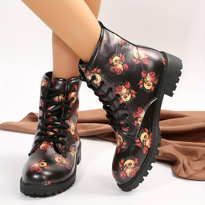 Rose Skull Combat Boots: Edgy & Stylish Halloween Ankle Boots for Women