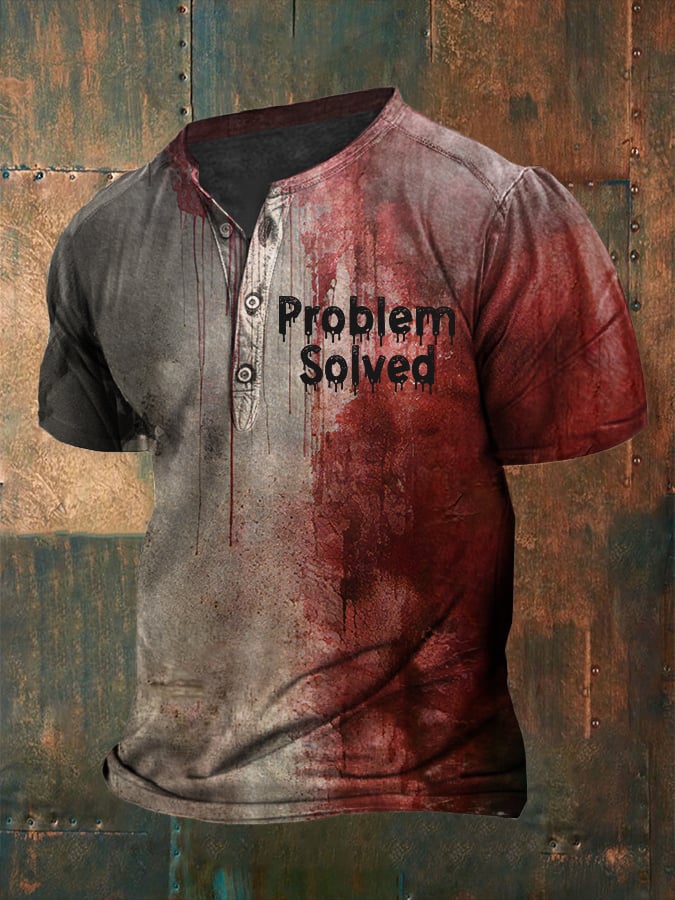 Men's Bloody Problem Solved Halloween Print Henley T-Shirt