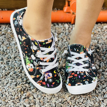 Women's Colorful Halloween Pattern Shoes, Low-top Round Toe Lightweight Flat Canvas Shoes, Comfy Halloween Daily Shoes