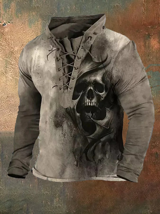 Men's retro 3D skull print lace-up sweatshirt