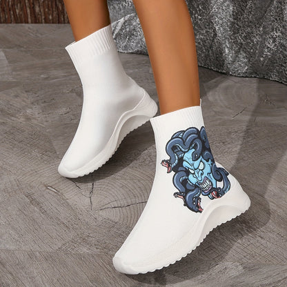 Pumpkin Devil Print Sock Boots: Spook-tacular Halloween-themed Slip-Ons for Women!