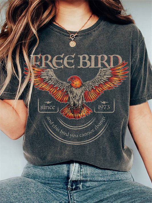 Women's Free Bird Print Vintage Short Sleeve T-Shirt