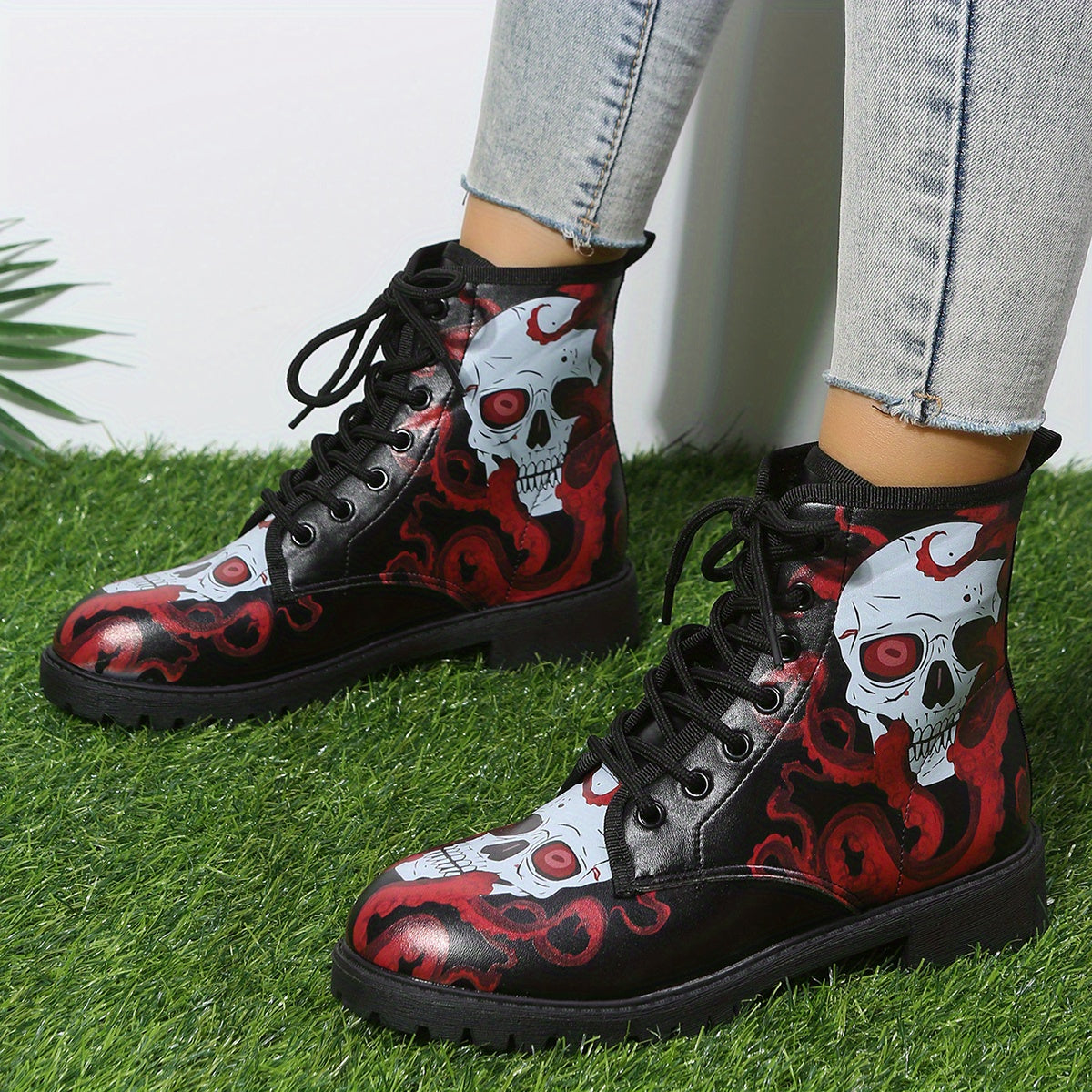 Wickedly Stylish: Women's Skull Print Combat Boots - Fashionable, Comfortable, and Perfect for Halloween