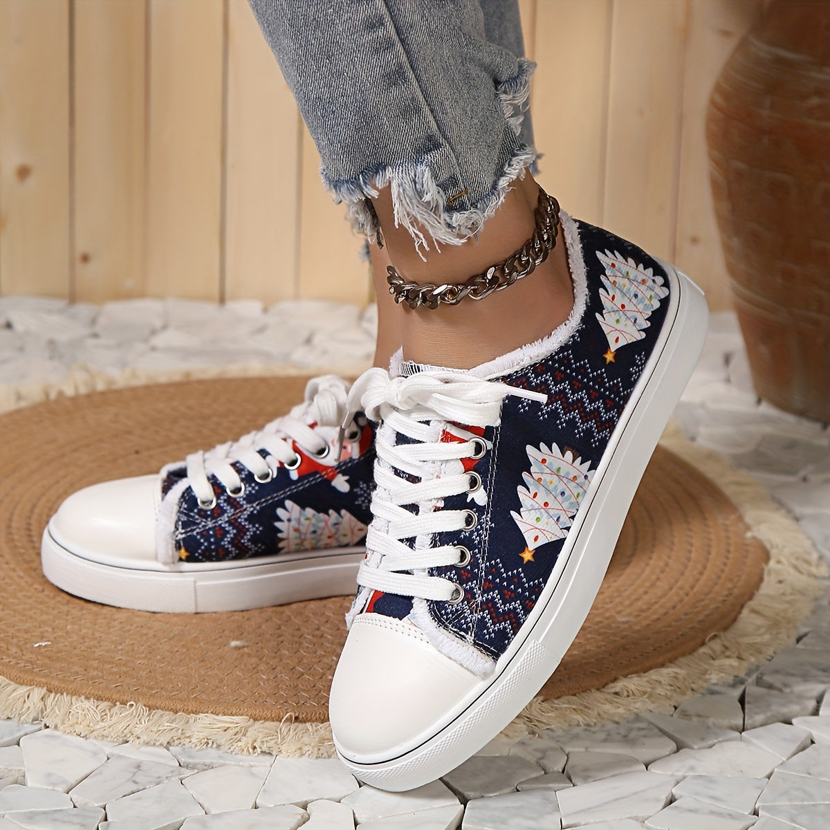 Stylish Women's Printed Canvas Shoes: Lightweight, Lace-Up Sneakers for Christmas and Halloween