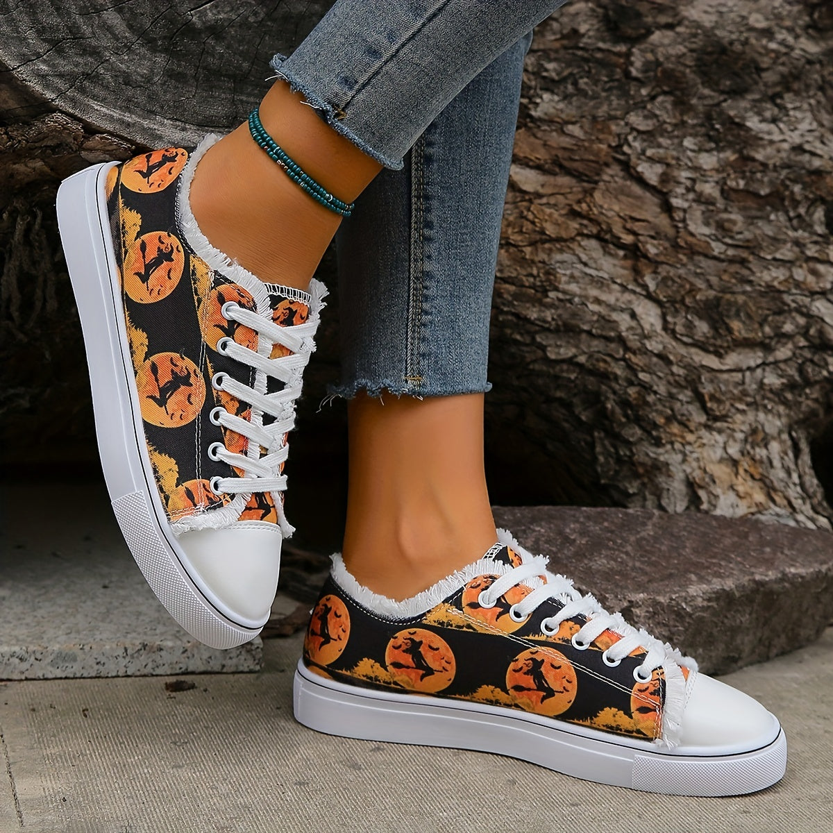 Halloween Pattern Canvas Shoes, Comfortable Women's Canvas Shoes with Lace-Up Closure and Round Toe