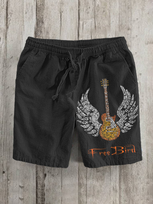 Men's Free Bird Print Linen Blend Vintage Shorts