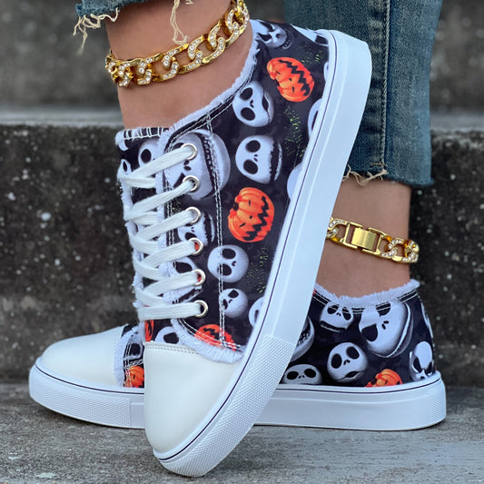 Womens Skull Pumpkin Pattern Canvas Shoes: Spooky and Stylish Halloween Footwear for Women