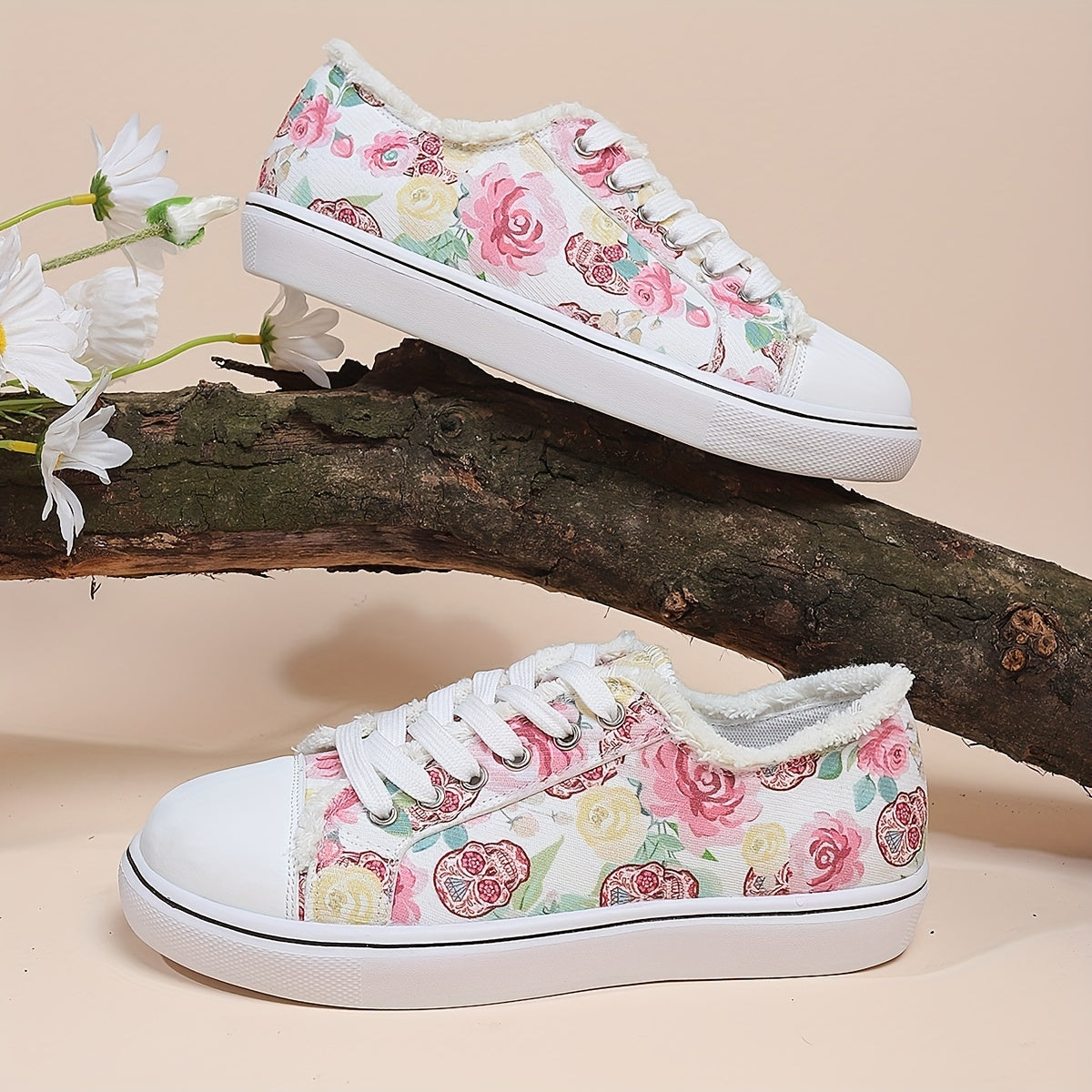 Halloween Rose & Skull Print Women's Flat Canvas Shoes, Casual Walking Sneakers