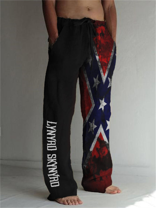 Men's Southern Rock Band Rebel Flag Linen Blend Casual Pants