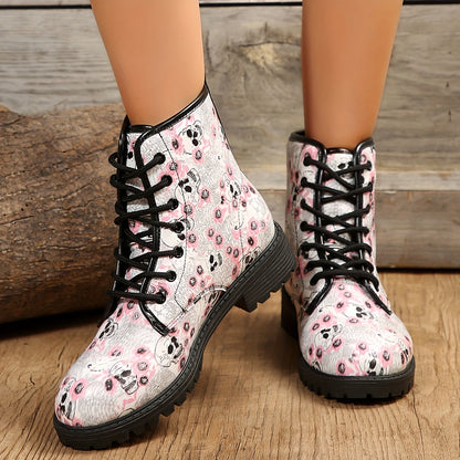 Spooky Chic: Women's Skull Pattern Combat Boots - Casual Halloween Lace-Up Ankle Boots