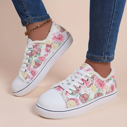 Halloween Rose & Skull Print Women's Flat Canvas Shoes, Casual Walking Sneakers