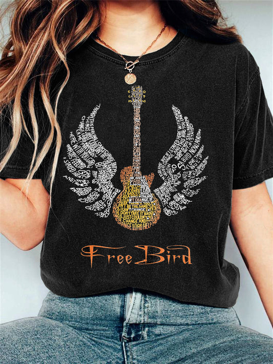 Women's Free Bird Print Vintage Short Sleeve T-Shirt