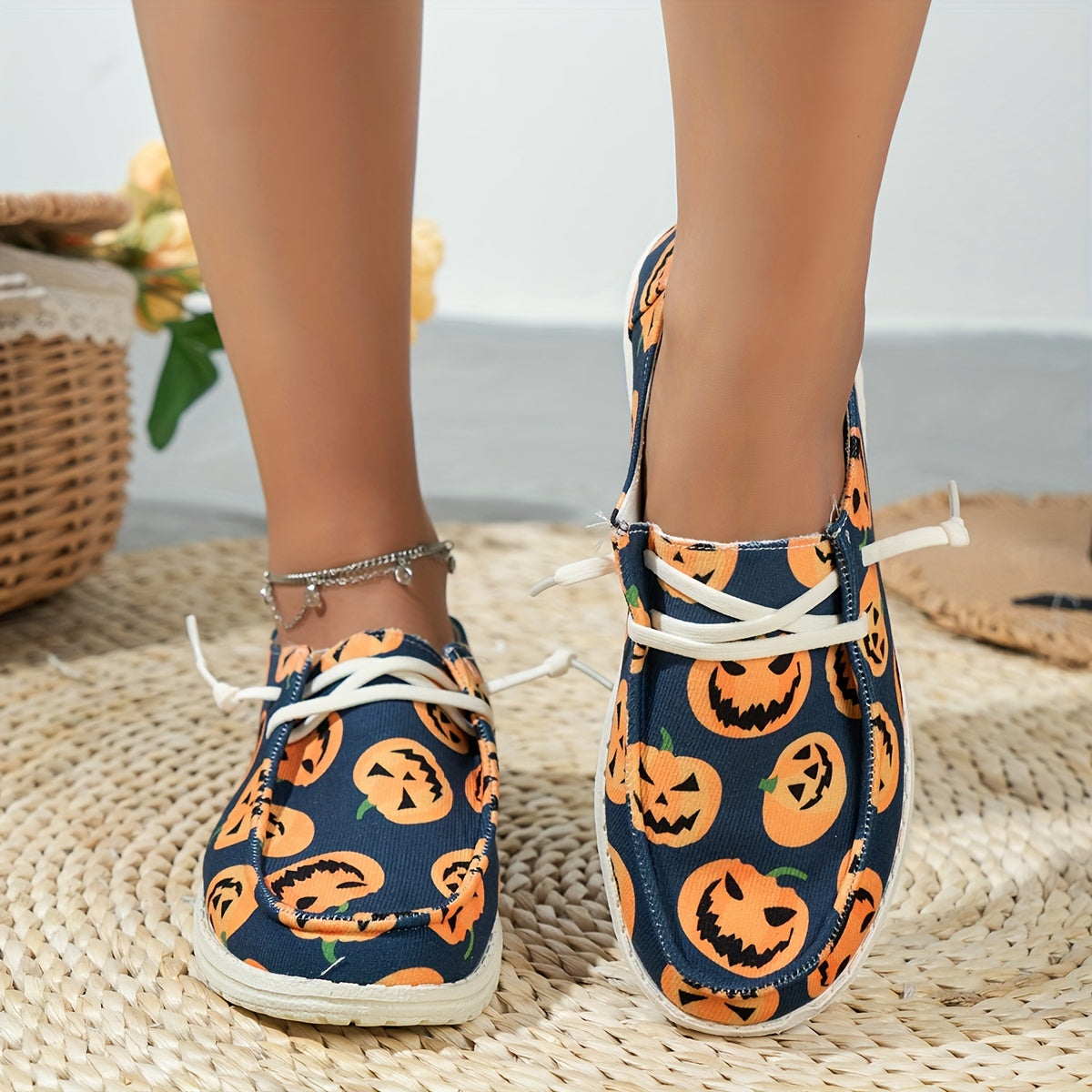 Spooktacular Style: Women's Pumpkin Print Canvas Shoes for a Festive Halloween Look