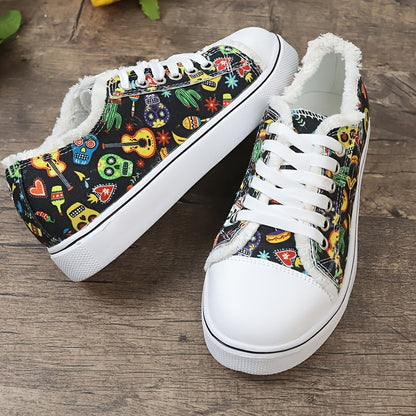 Women's Halloween Skull Pattern Canvas Sneakers: Spook up Your Style with Lace-Up Low Top Flats for Casual Walking