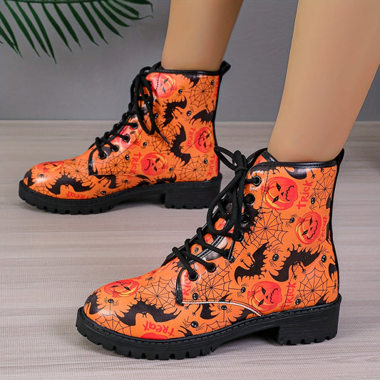 Witchy Chic: Women's Pumpkin Cobweb Bat Print Boots - The Ultimate Halloween Lace-up Combat Boots