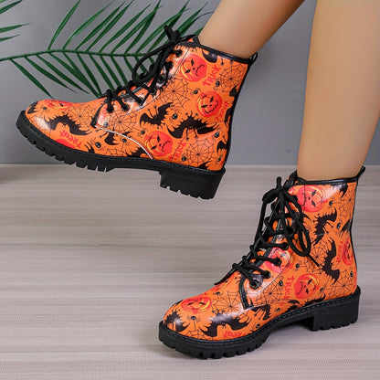 Witchy Chic: Women's Pumpkin Cobweb Bat Print Boots - The Ultimate Halloween Lace-up Combat Boots