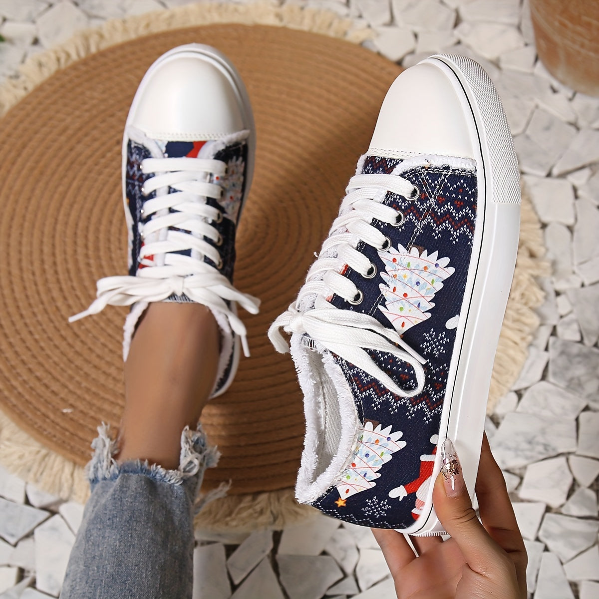 Stylish Women's Printed Canvas Shoes: Lightweight, Lace-Up Sneakers for Christmas and Halloween