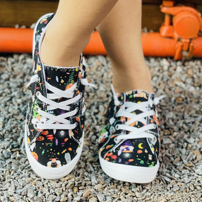 Women's Colorful Halloween Pattern Shoes, Low-top Round Toe Lightweight Flat Canvas Shoes, Comfy Halloween Daily Shoes