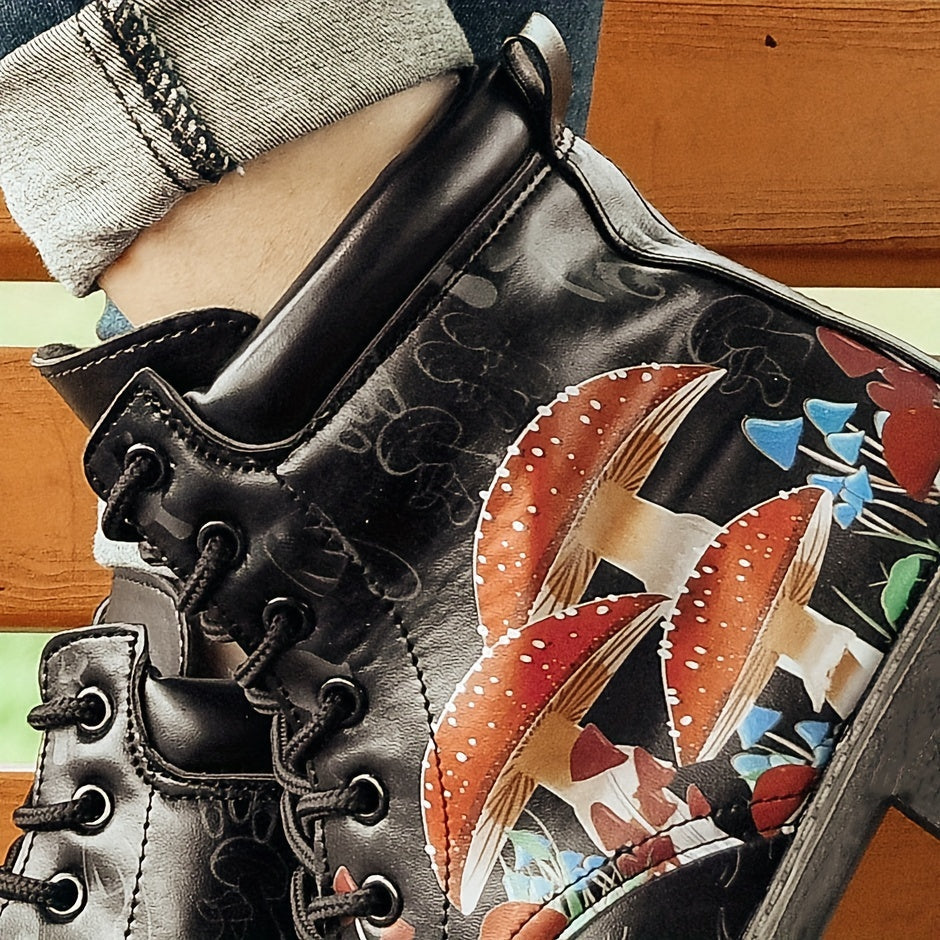 Mysterious Magic: Women's Mushroom Printed Ankle Combat Boots with Halloween Vibes