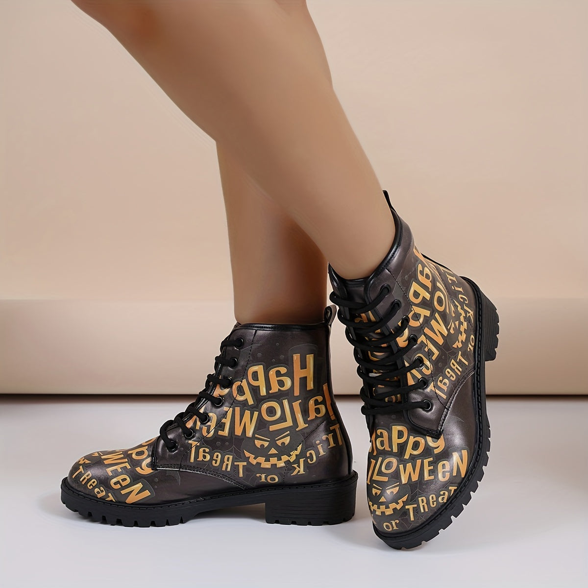 Casual Chic: Women's Halloween Print Ankle Boots with Lace-Up Combat Style and Anti-Slip Lug Sole