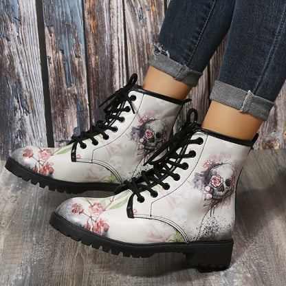 Horror Chic: Women's Skull Print Short Boots - Halloween-inspired Fashion with Lace-up Comfort