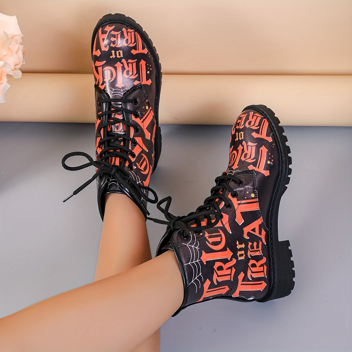 Stylish and Spooky: Women's Halloween Print Combat Boots - Lace-Up, Lug Sole Ankle Boots for Casual All-Match Appeal