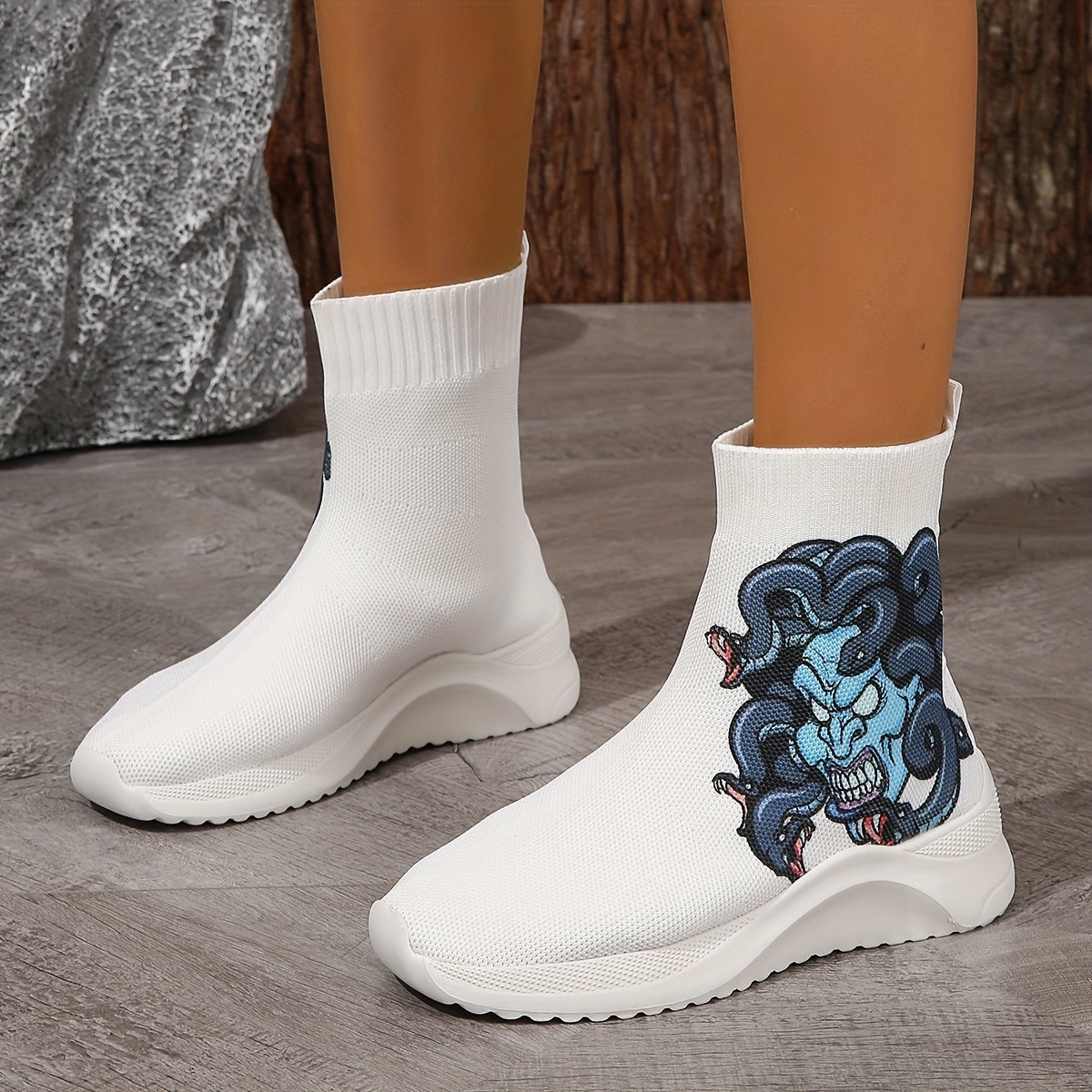 Pumpkin Devil Print Sock Boots: Spook-tacular Halloween-themed Slip-Ons for Women!