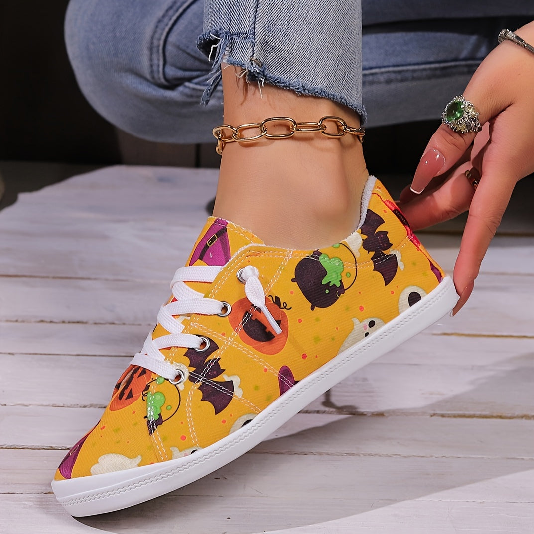 Festive Fun: Women's Cartoon Print Canvas Shoes - Slip-on, Comfy, Lightweight Halloween & Christmas Shoes