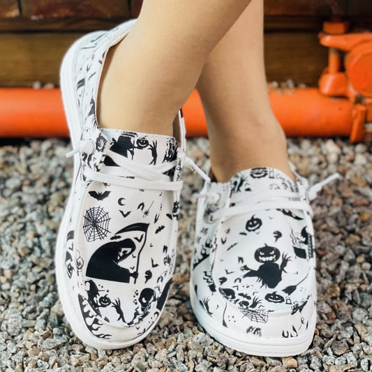 Spooktacular Women's Halloween Print Canvas Shoes: Lightweight, Low-Top, White Lace-Up Outdoor Shoes