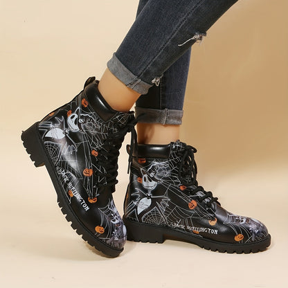 Halloween Pumpkin Pattern Mid-Calf Boots: Wear-Resistant & Non-Slip Chunky Heeled Boots - Women's Footwear