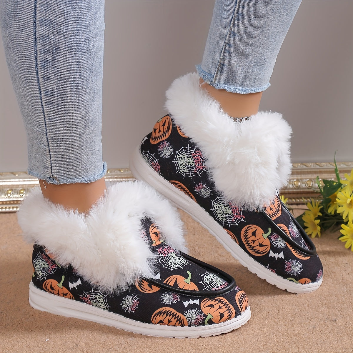 Cozy and Chic: Women's Pumpkin Pattern Fluffy Shoes - Stay Warm and Stylish this Halloween Season!