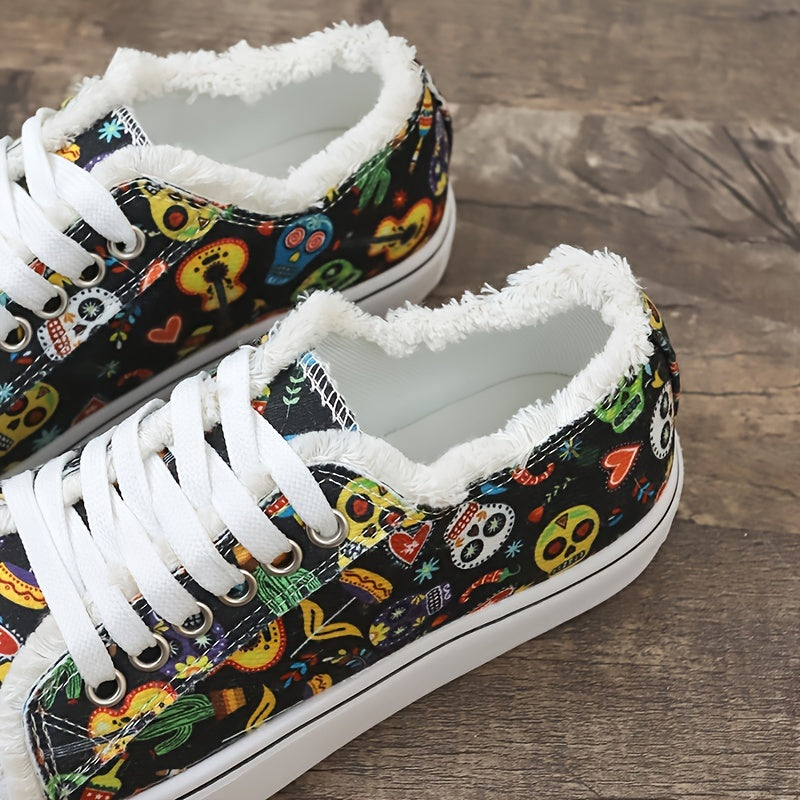 Women's Halloween Skull Pattern Canvas Sneakers: Spook up Your Style with Lace-Up Low Top Flats for Casual Walking