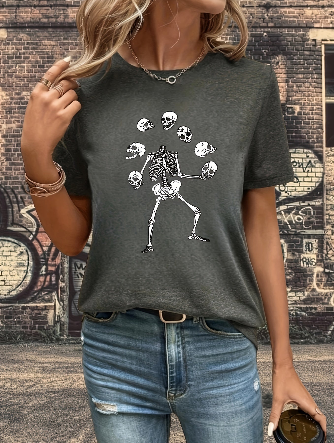 Spooky Chic: Skull Head Halloween Printed T-Shirt - Summer Casual, Loose Fit Round Neck Short Sleeve Top - Women's Clothing Collection