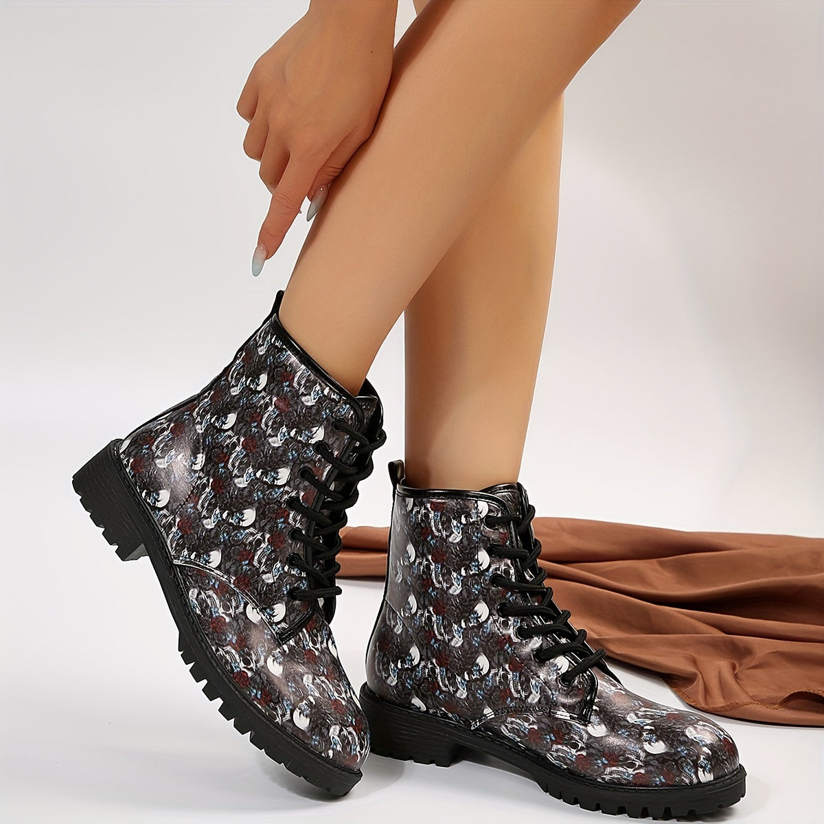 Womens Skull Rose Print Ankle Boots: Spooky Elegance for Halloween Fun