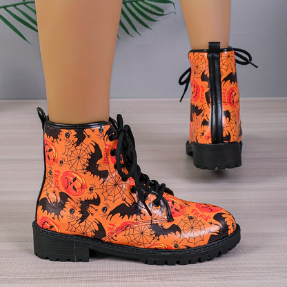 Witchy Chic: Women's Pumpkin Cobweb Bat Print Boots - The Ultimate Halloween Lace-up Combat Boots