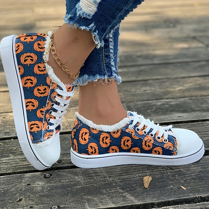 Women's Ghost Face Pumpkin Print Sneakers: Spooktacular Halloween Flat Canvas Shoes