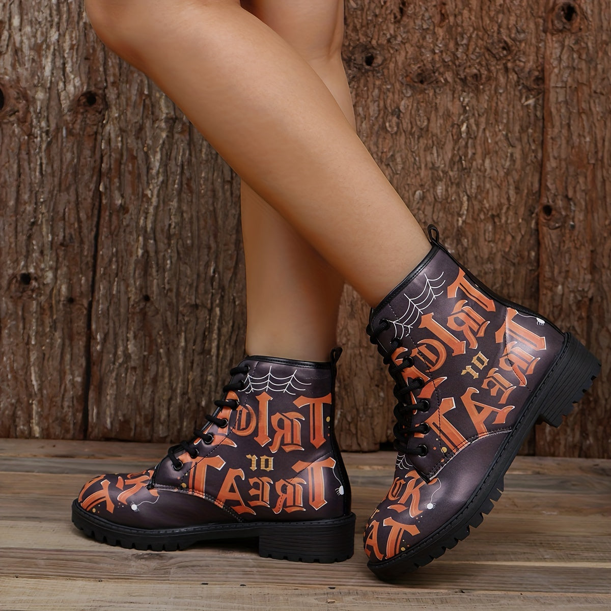 Stylish and Spooky: Women's Halloween Print Combat Boots - Lace-Up, Lug Sole Ankle Boots for Casual All-Match Appeal