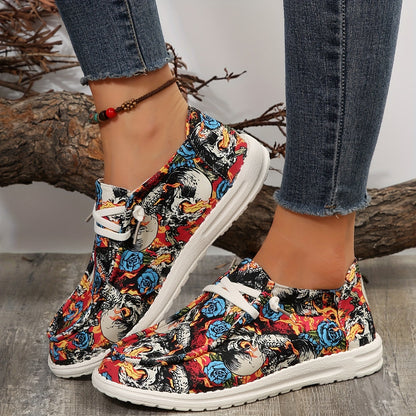 Skull and Rose Pattern Canvas Shoes: Halloween Low-Top Slip-On Sneakers for Casual Walking and Flat Loafers