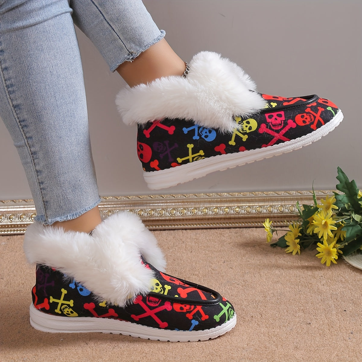 Women's Skull Pattern Fluffy Snow Boots: Stay Warm and Stylish this Winter with Halloween-inspired Ankle Boots!