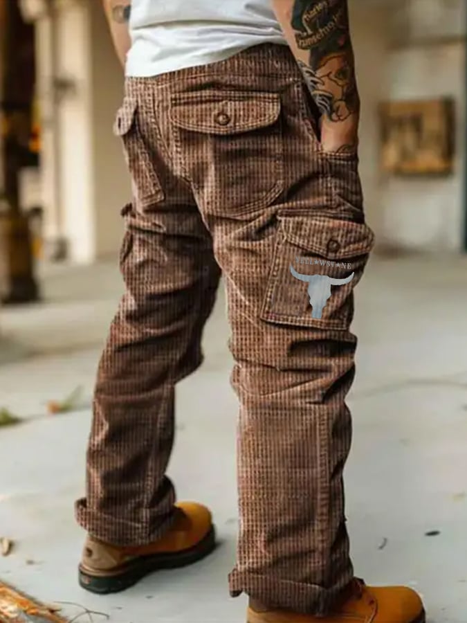 Men's Vintage Waffle Knitted Outdoor Multi-pocket Cargo Pants Trousers