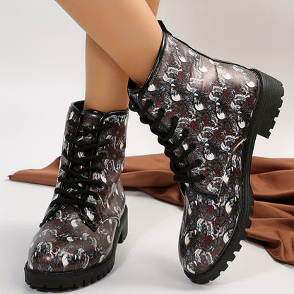 Womens Skull Rose Print Ankle Boots: Spooky Elegance for Halloween Fun