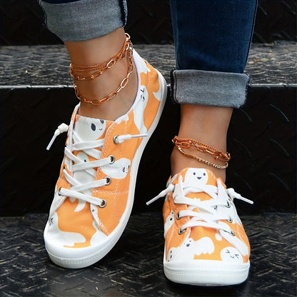 Women's Cartoon Cute Ghost Print Shoes, Slip On Round Toe Low-top Non-slip Lightweight Canvas Shoes, Daily Comfy Halloween Shoes