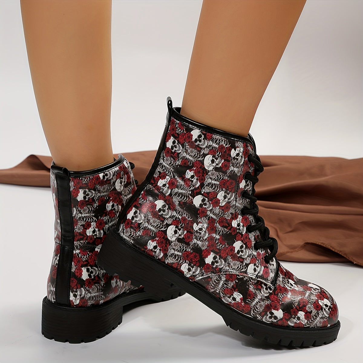 Skull Rose Patterned Women's Halloween Combat Boots: All-Match Lace-Up Shoes for a Spooky Stylish Look