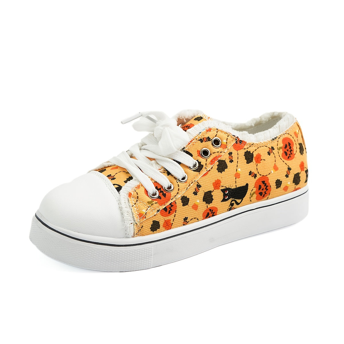 Women's Halloween Pumpkin & Black Cat Print Canvas Shoes, Casual Walking Trainers