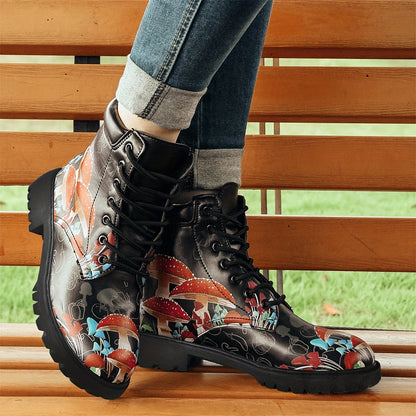 Mysterious Magic: Women's Mushroom Printed Ankle Combat Boots with Halloween Vibes