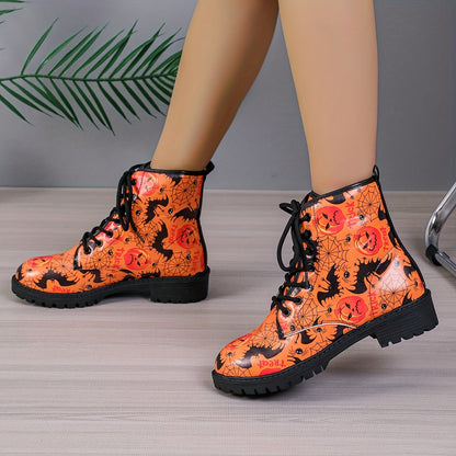 Witchy Chic: Women's Pumpkin Cobweb Bat Print Boots - The Ultimate Halloween Lace-up Combat Boots