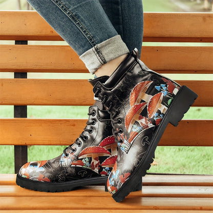 Mysterious Magic: Women's Mushroom Printed Ankle Combat Boots with Halloween Vibes