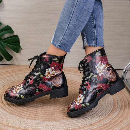 Fearlessly Fashionable: Women's Skull Floral Print Ankle Boots - The Ultimate Halloween Statement