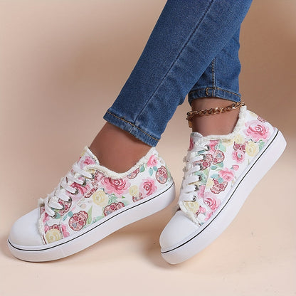 Halloween Rose & Skull Print Women's Flat Canvas Shoes, Casual Walking Sneakers